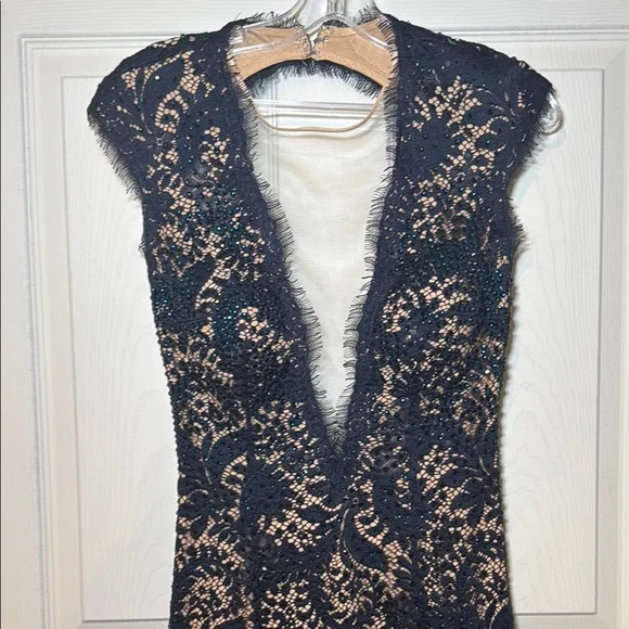 Navy Blue Evening Gown Nude Lining with Lace Overtop Beaded Plunging Neckline - Picture 2 of 16